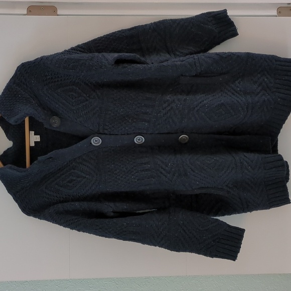 J.jill Cable Knit Chucky Navy Fisherman Style Side Pockets Wool Blend Cardigan L - Picture 1 of 6